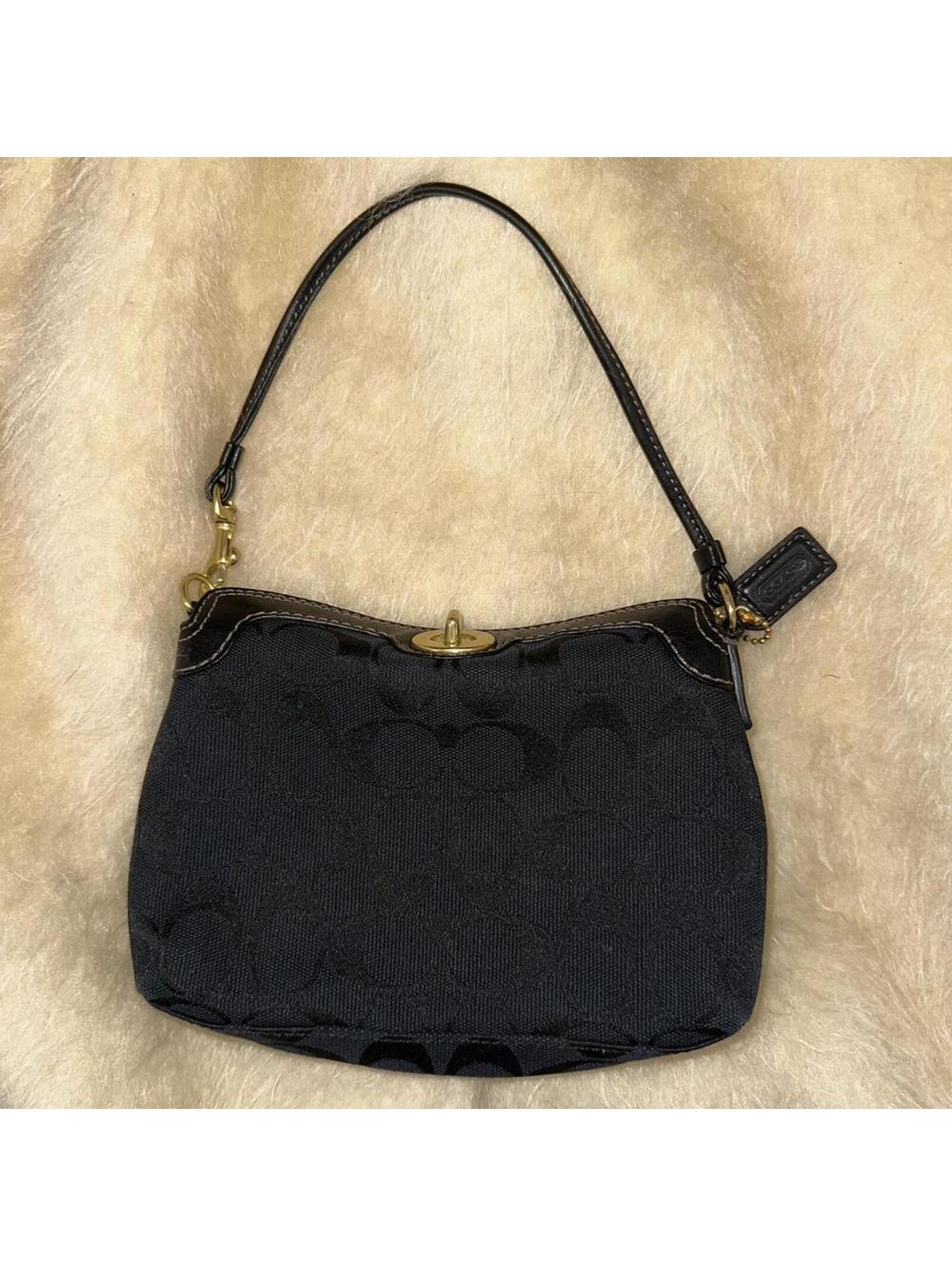 Vintage Coach black jacquard and gold signature wristlet shoulder bag